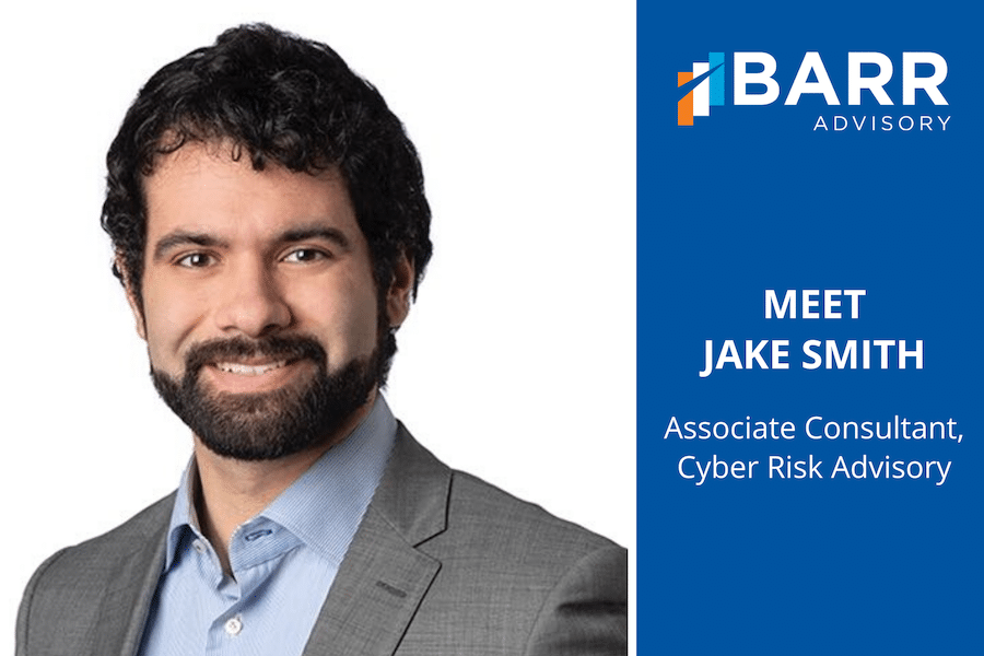 Associate Consultant, Jake Smith, photo with BARR logo and welcome message