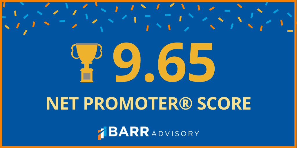 9.65 Net Promoter Score with BARR Advisory logo and image of a trophy