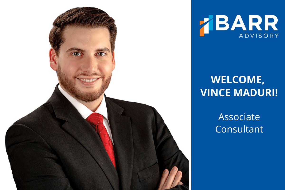 Associate Consultant, Vince Maduri, photo with BARR logo and welcome message