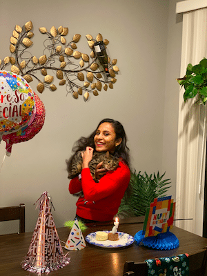 Swathi and her beloved cat Elsa.